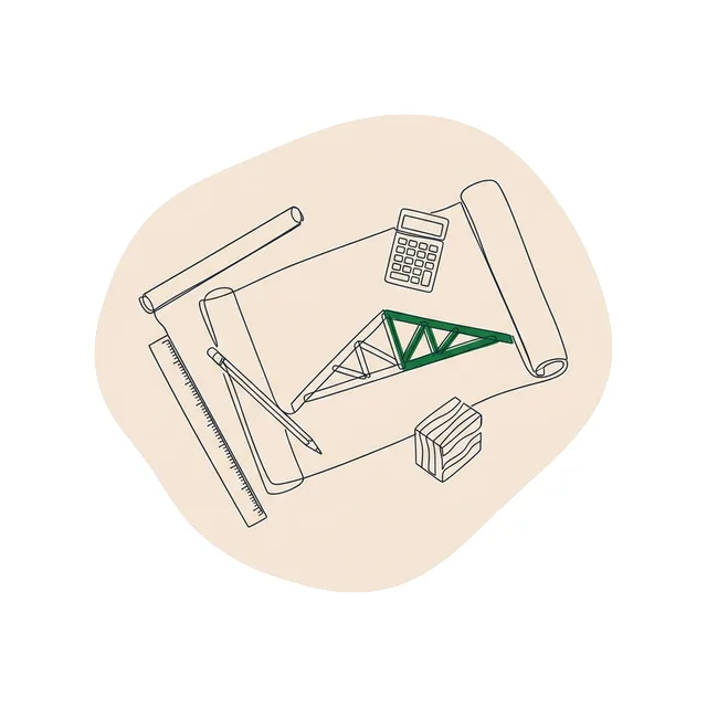 Plan de charpente bois et note de calcul sur un bureau